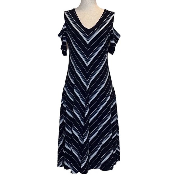 White House Black Market Small V-Neck Dress Short Cold Shoulder Sleeve Navy Blue - Picture 1 of 6
